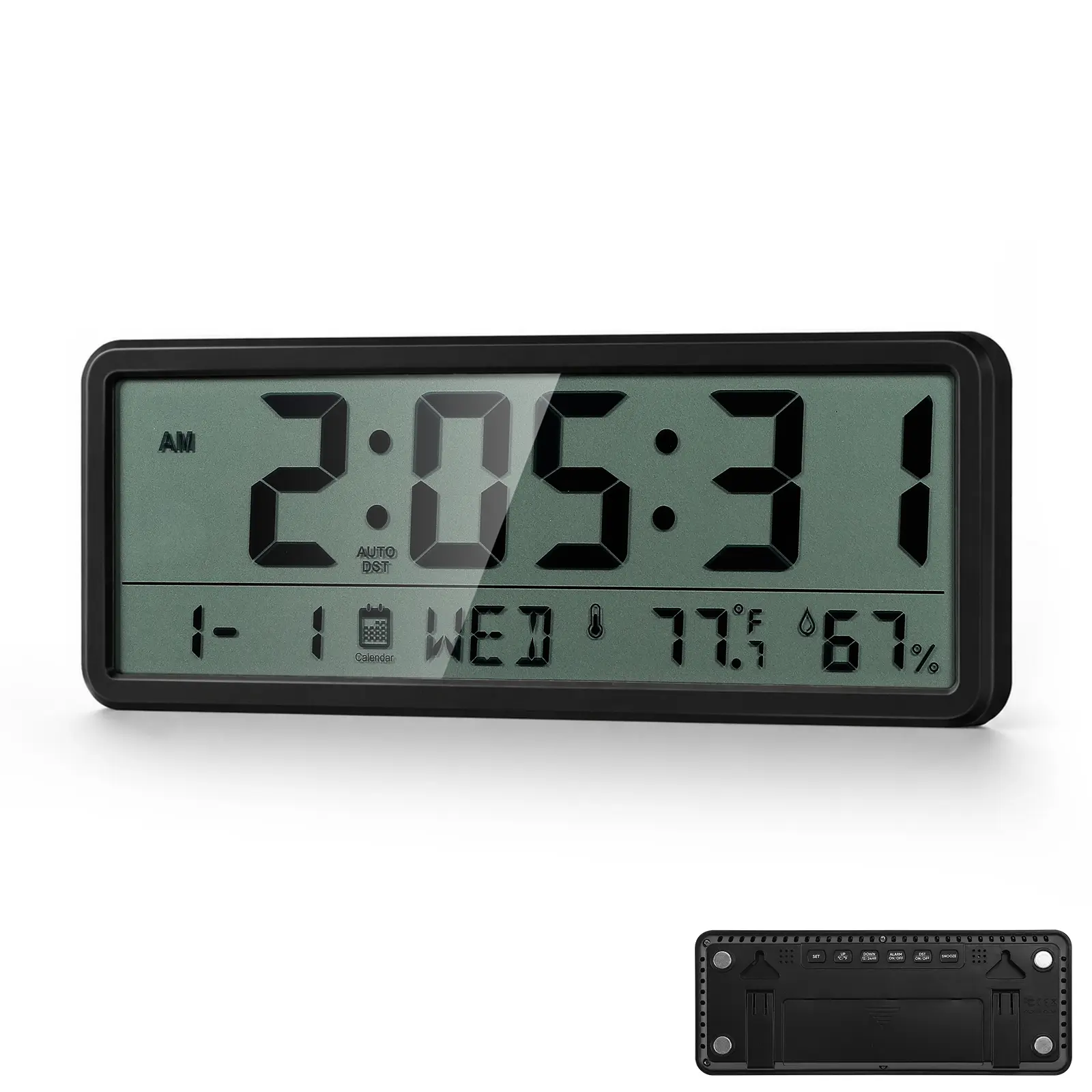 8.2 in Digital Wall Clock - Battery Operated, Black, Wall-Mountable, Tabletop & Magnetic, with Temperature, Humidity, Date, Alarm & Auto DST, for Kitchen, Office