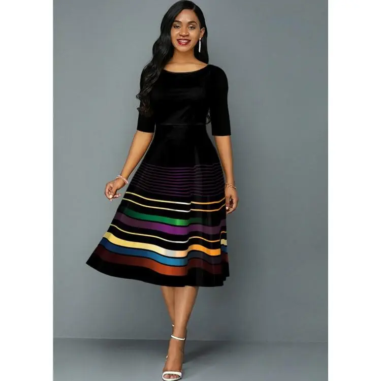 Printed Rainbow Stripe Crew Neck Half-Sleeve Knitted A-Sign Dress