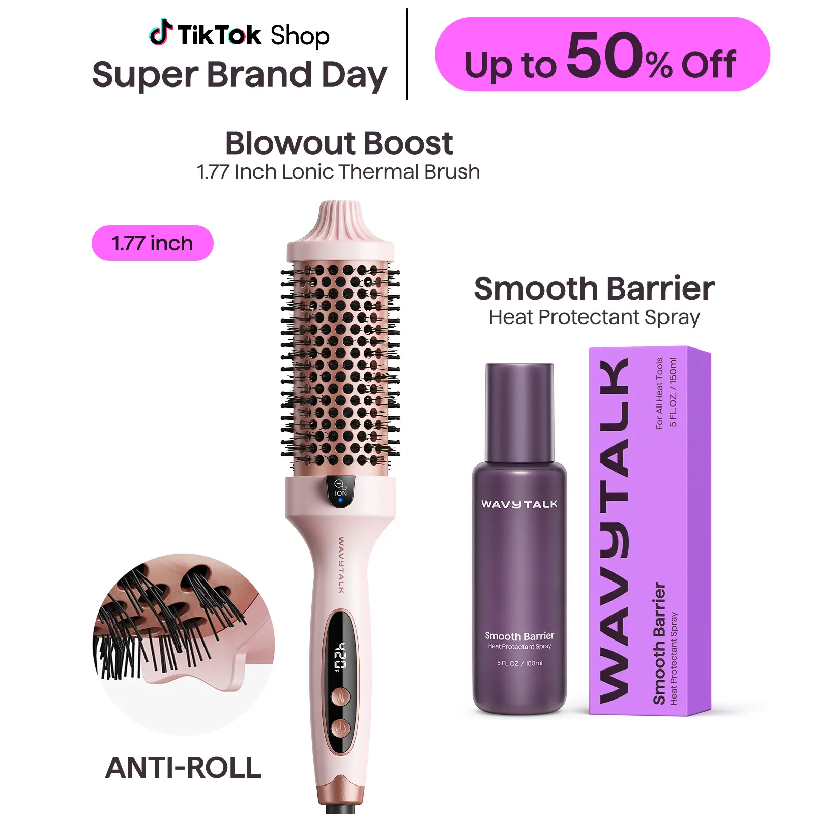 Wavytalk Ionic Thermal Blow Dry Brush & Smooth Barrier Heat Protectant Spray Set, Hair Tools for Wavy Hair Styling & Straightening (Blow Dry Brush Curlers & Straighteners)