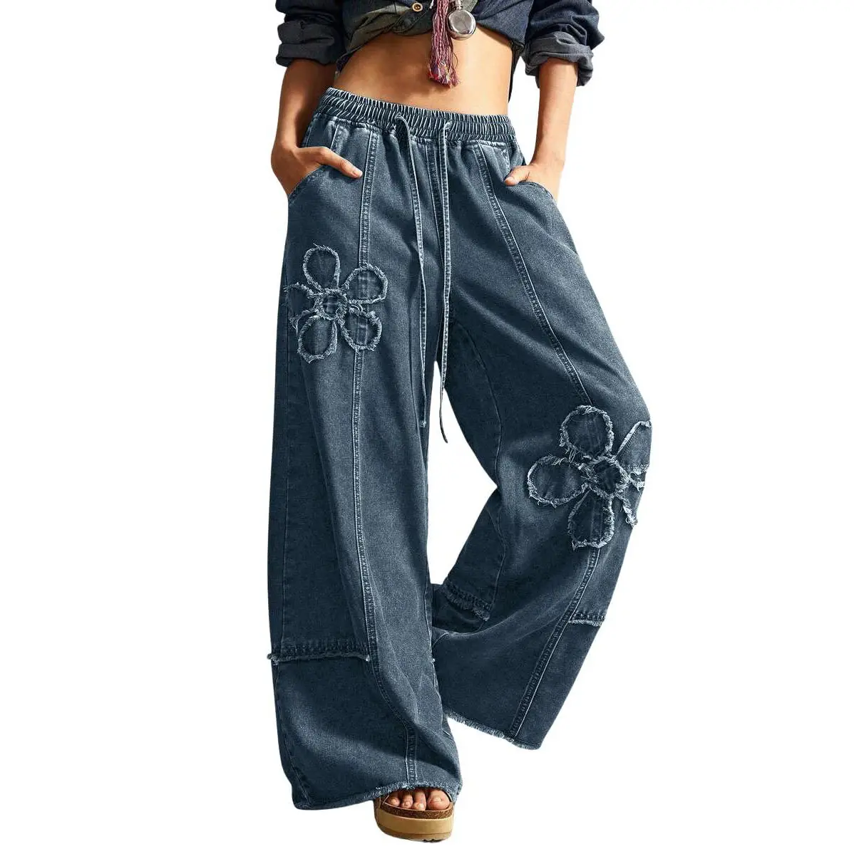 Chouyatou Y2K Distressed Fringe Wide Leg Denim Pants Women’s Boho Floral Baggy Palazzo Jeans Chouyatou Y2K Distressed Fringe Wide Leg Denim Pants Women’s Boho Floral Baggy Palazzo Jeans