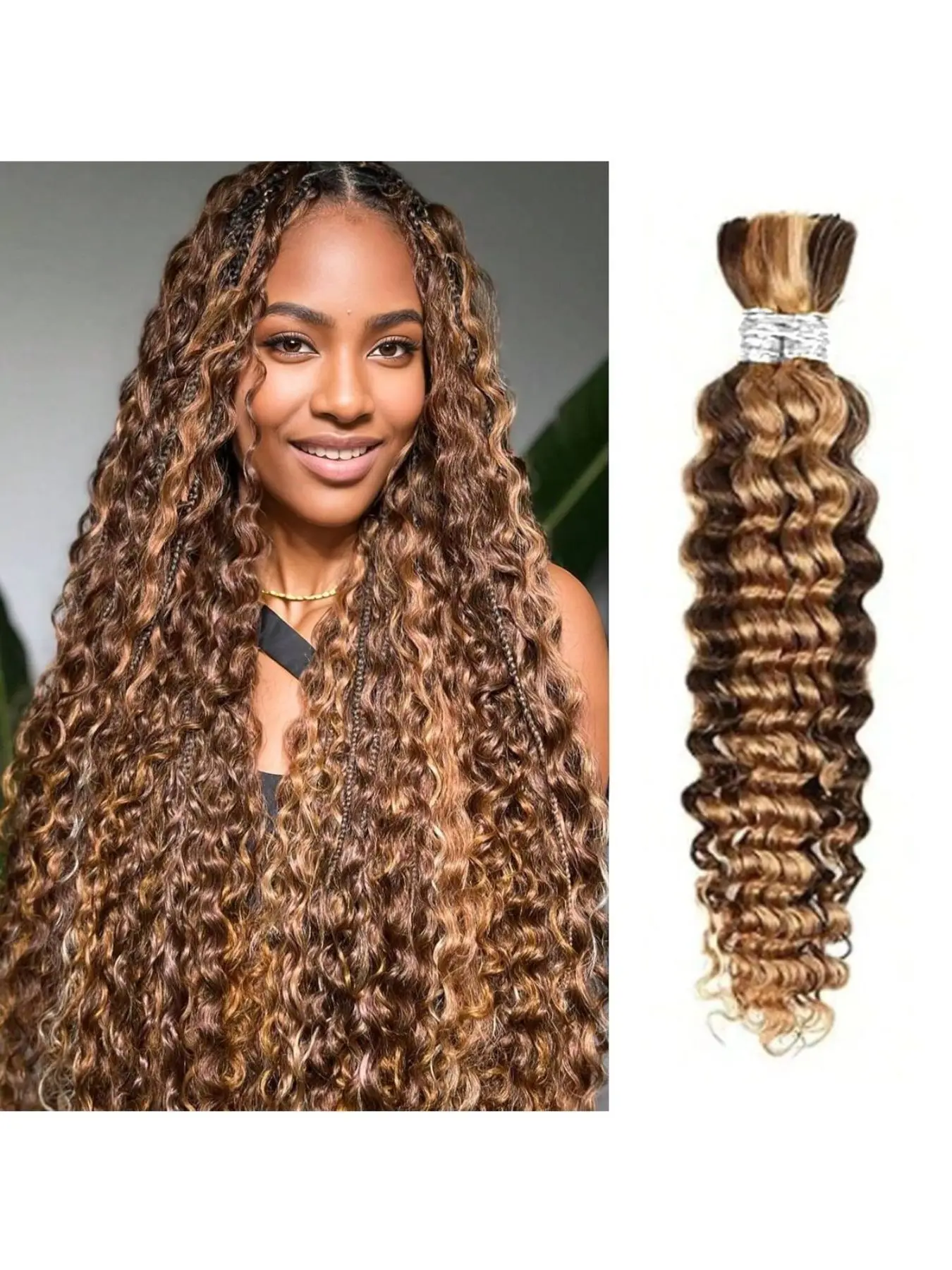 Human Braiding Hair for Boho Braids Box Braids 4/27 Highlight Ombre Deep Wavy Curly Bulk 100g Honey Blonde Extensions No Weft Lightweight 2 Bundles/Pack Boho Curly Ends