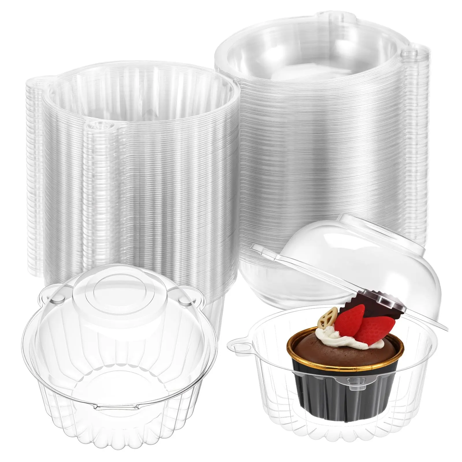 50-Pack Individual Size Disposable Lightweight Transparent Plastic Cupcake Containers with Lids, Single Muffin Dome Holders, Bulk Single-Use Bakeware Storage for Wedding Favors, Party Serving