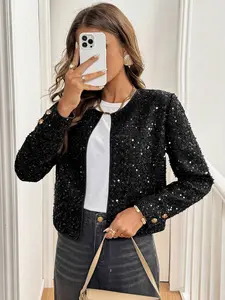 Women's Wine Christmas Sequin Short Cardigan Jacket, Sweet Style Seven-Quarter Sleeve, Perfect for Dates and Parties