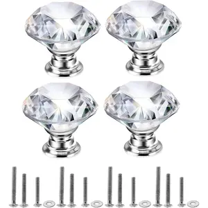 40mm Crystal Glass Knob, 4PCS Diamond Shape Pulls, Clear Glass Drawer Handle for Closet Cabinet, Kitchen Bathroom Cupboards, Dresser, Bookcase, Wardrobe