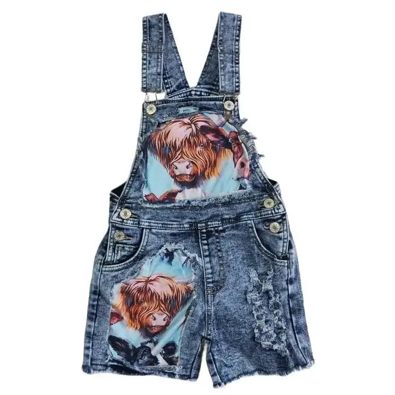 Highlandcow Print Denim Stretchy overall bottoms short Girls jeans