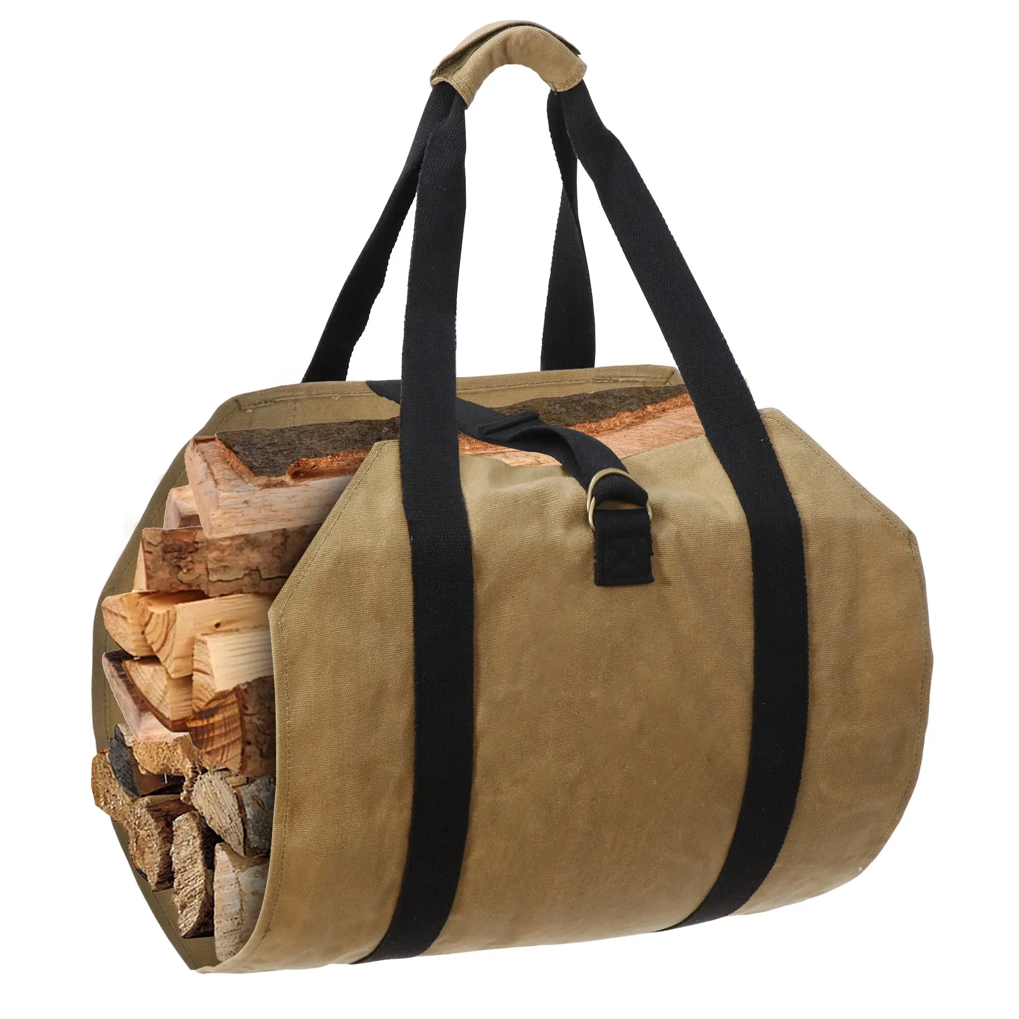 Segawe Durable Waterproof Waxed Fabric Firewood Log Tote - Strap-Equipped Home Organizer Storage Bag with Double Ring, Enhanced Package Strength, Large Cap. Up to 25lbs, Reduces Moist Wood for Fireplace Wood Transport, Yellow Brown