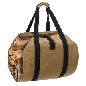 Segawe Durable Firewood Log Tote, Waterproof Waxed Fabric Fireplace Carrier Bag with Strap, Yellow Brown Home Organizer Storage Bag for Fireplace Use