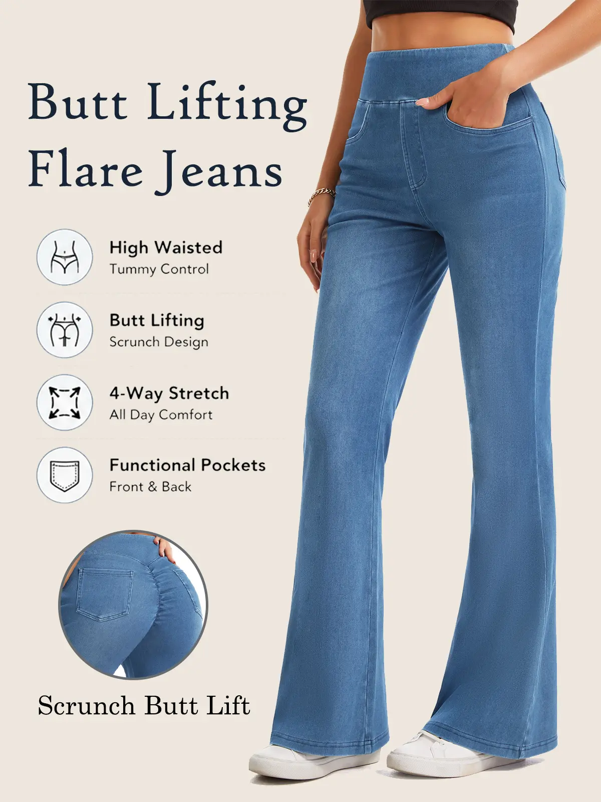 THE GYM PEOPLE Women's Stretchy Flare Jeggings - High Waisted Tummy Control Pants with Pockets, Scrunch Butt Lift for Work & Travel