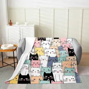 Cartoon Cat Flannel Fleece Throw Blanket,Kawaii Cats Print Bed Blanket,Cute Kitten Animal Cat Colorful Plush Blanket,40"Lx50"W