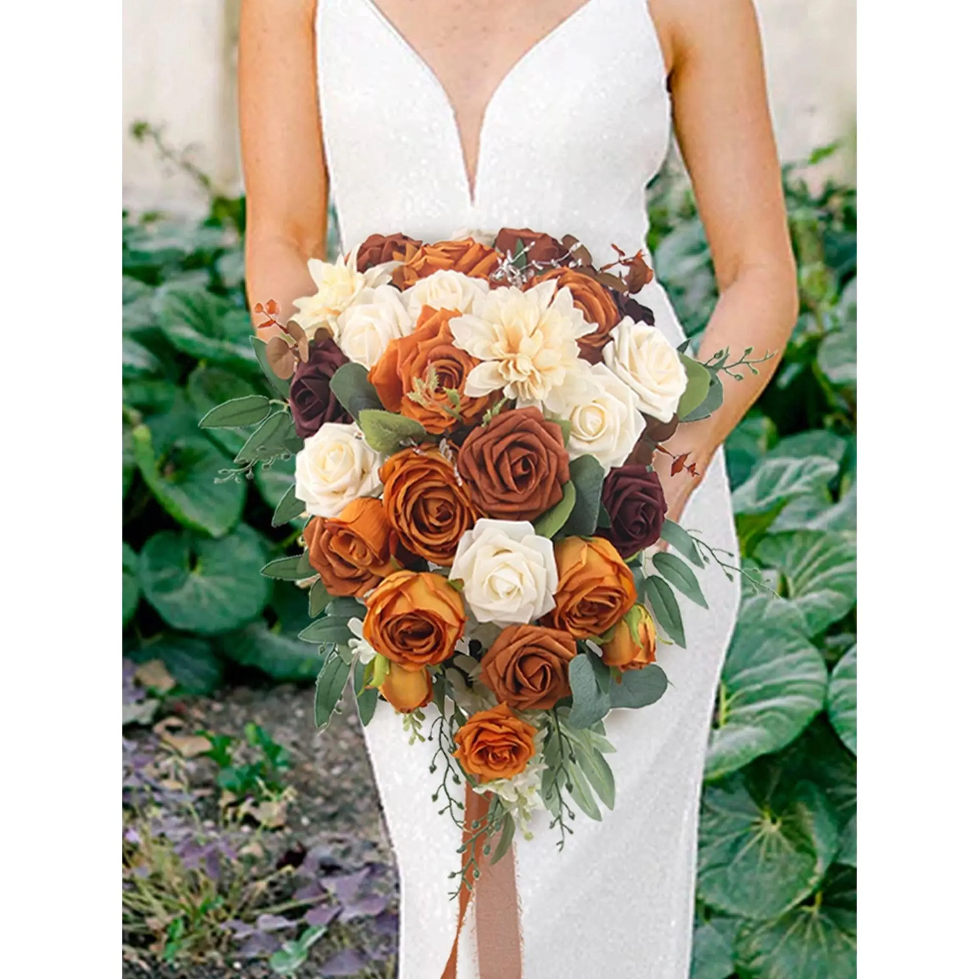 Rinlong 13.3x19.2" Silk Cream Terracotta Cascading Bridal Bouquet - Roses, Ranunculus, Frayed Edge Ribbons, Warm & Rich Colors for Wedding, Home Festive Supplies