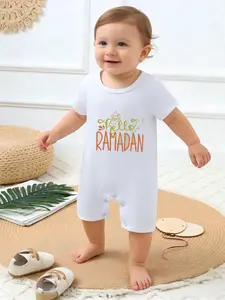 Newborn Baby Unisex Romper, Fun Letter Print Fashion One-Piece, Short Sleeve Round Neck, All Seasons, Casual Fitted Style