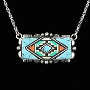 Western Aztec Print Bar Necklace 18" with 3" Extender Adjustable Length 2" x 1" Pendant for Casual or Themed Outfits