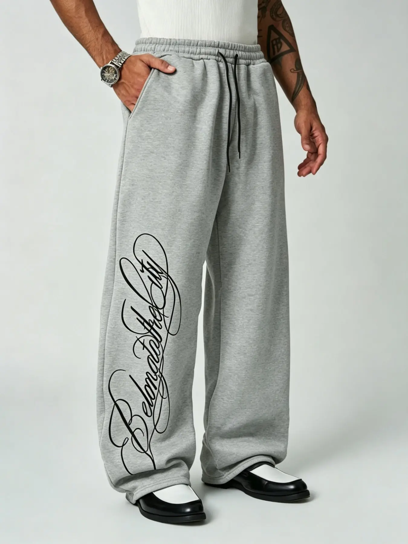 Men's Baggy Wide Leg Sweatpants - Chicano Cursive Script Embroidery Fleece Joggers, Elastic Waist Drawstring Streetwear Pants for Hip Hop Y2K Aesthetic & Daily Casual Wear