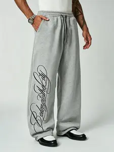 Men's Baggy Wide Leg Sweatpants - Chicano Cursive Script Embroidery Fleece Joggers, Elastic Waist Drawstring Streetwear Pants for Hip Hop Y2K Aesthetic & Daily Casual Wear