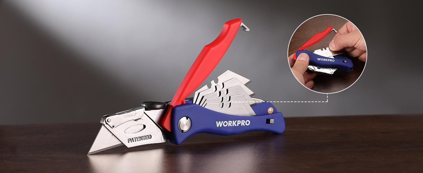 #fathersdaygift WORKPRO Folding Utility Knife, Quick-Change Box Cutter, Blade Storage in Handle with 5 Extra Blades Included #fathersdaygift WORKPRO Folding Utility Knife, Quick-Change Box Cutter, Blade Storage in Handle with 5 Extra Blades Included