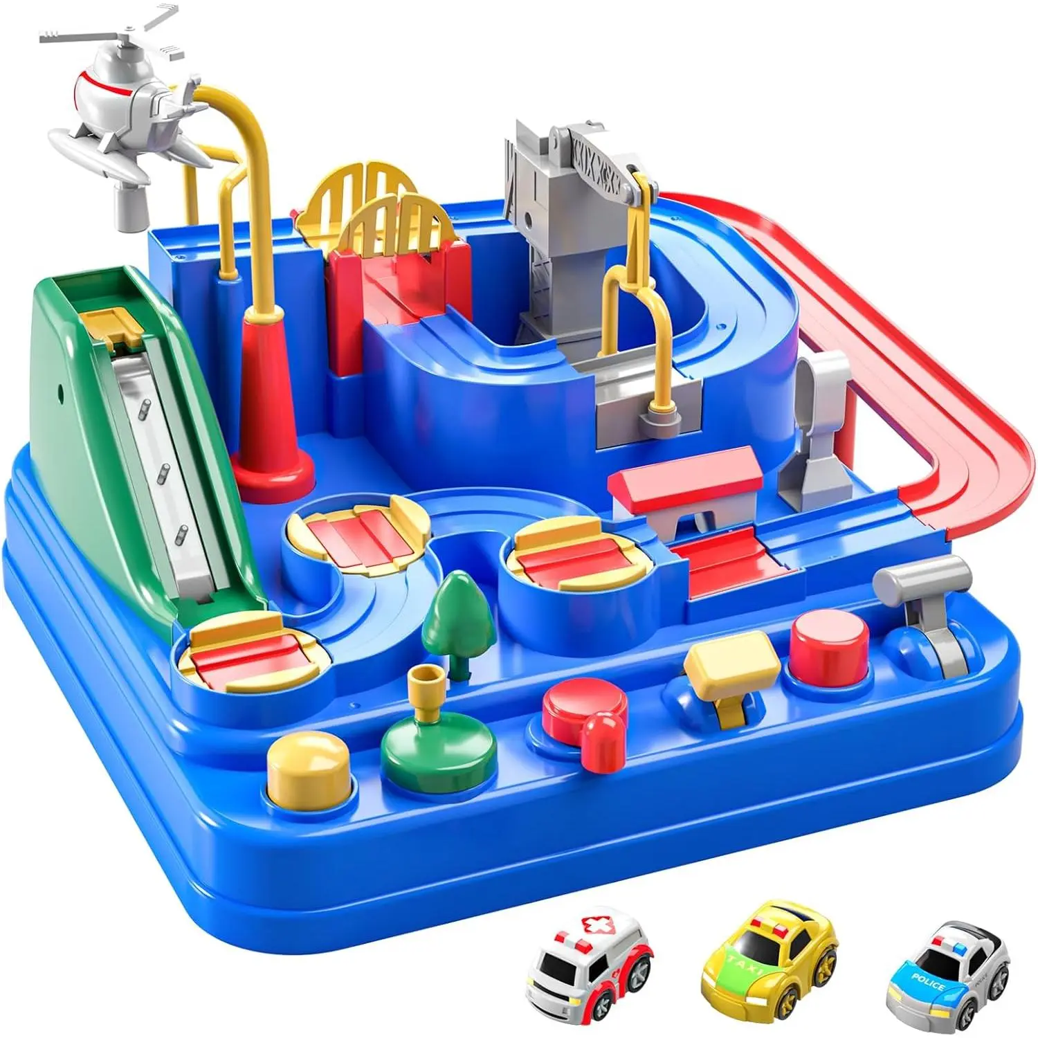 Kids Vehicle Playset - 2-in-1 Track Cooperative Game with 3 Mini Cars, 6 Buttons, Smooth Edges, Stable Structure, Unisex Building Toy for 3-7 Year Olds, Boosts Motor & Hand-Eye Coordination, Ideal for Birthdays, Children's Day Gifts