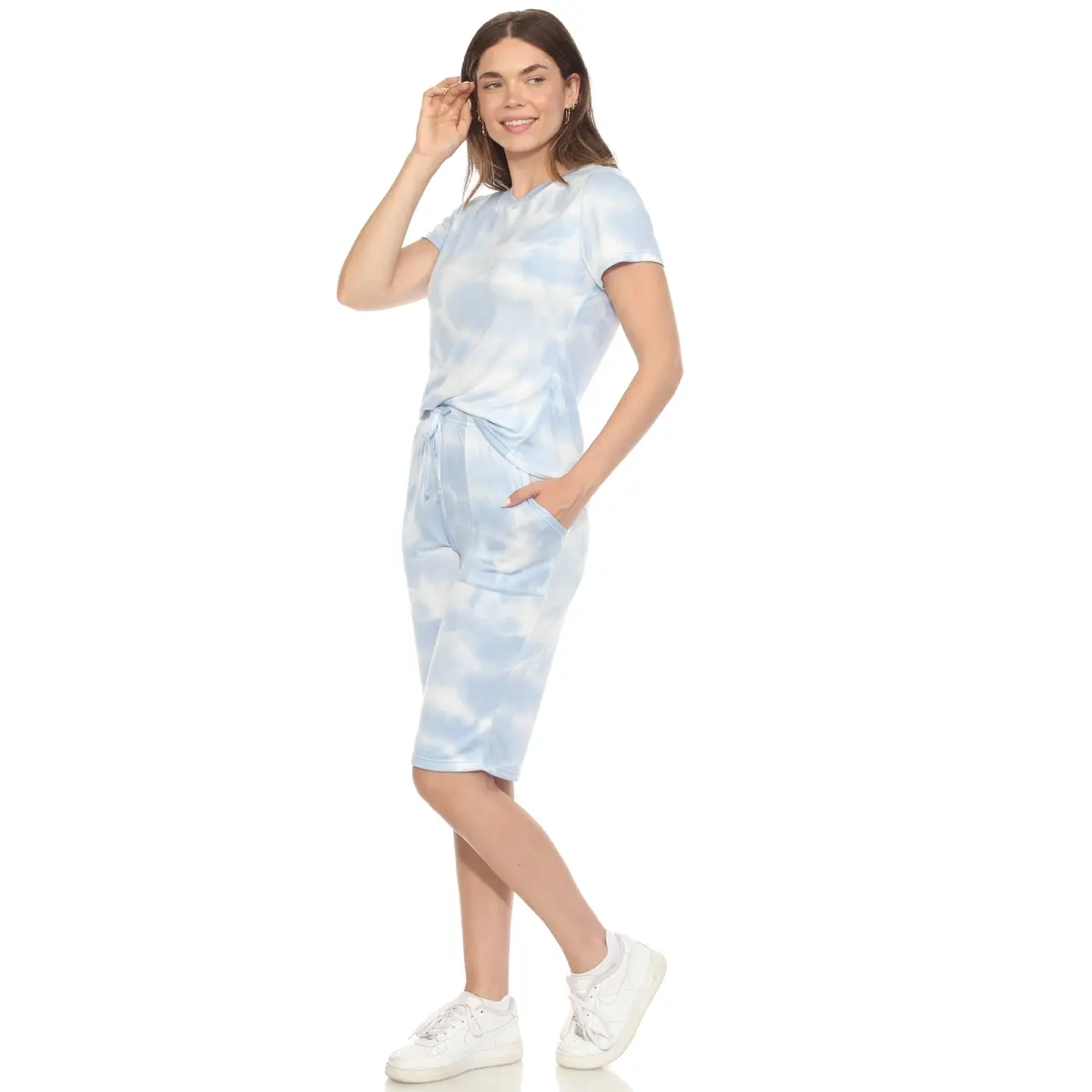 212 MAIN Women's 2-Piece Shortsleeve Capri Pajama Set - Soft Knit Elastic Blue Tie-Dye Fabric, Breathable, Adjustable, Pocketed Loungewear (Top & Pants), Extra Large (3627-06-XL)