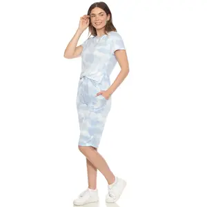 212 MAIN Women's Soft Knit 2-Piece Capri Pajama Set - Adjustable Shortsleeve Top, Fit Pants with Pockets, Blue Tie Dye Loungewear (3627-06-M, Medium), Nightwear, Elastic, Style, Breathable