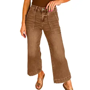 Breen Cropped High Rise Wide Leg Jeans for Women - Casual Denim Pants