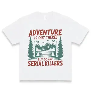 Casual Short Sleeve TShirt for Women Featuring Adventure Is Out There Mountain Lakes Graphic Print Round Neck Summer Wear Durable Machine Washable Outdoor Enthusiast Style
