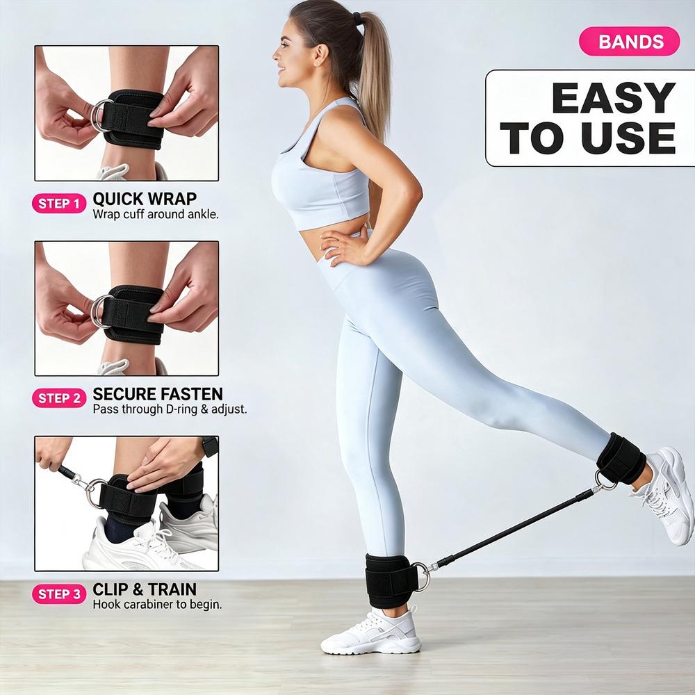 Ankle Cuff Resistance Bands Set, black tough latex tubes with adjustable ankle straps, pouch attached, fitness equipment, indoor sports outdoor walking beginner exercise tools