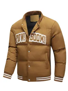 Men's Letter Embroidery Button Front Puffer Jacket, Regular Fit Casual Long Sleeve Pocket Varsity Jacket for Winter, Men's Clothes for Daily Wear