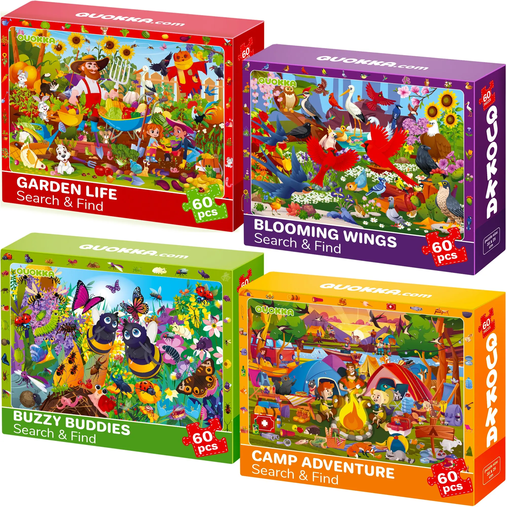 QUOKKA Birdie Jigsaw Puzzle Game - 4x60 Pcs, Ages 4+, Kids' Developmental Indoor Fun Toy, Garden Life & Blooming Wings Designs, Fine Motor & Cognitive Skills Builder