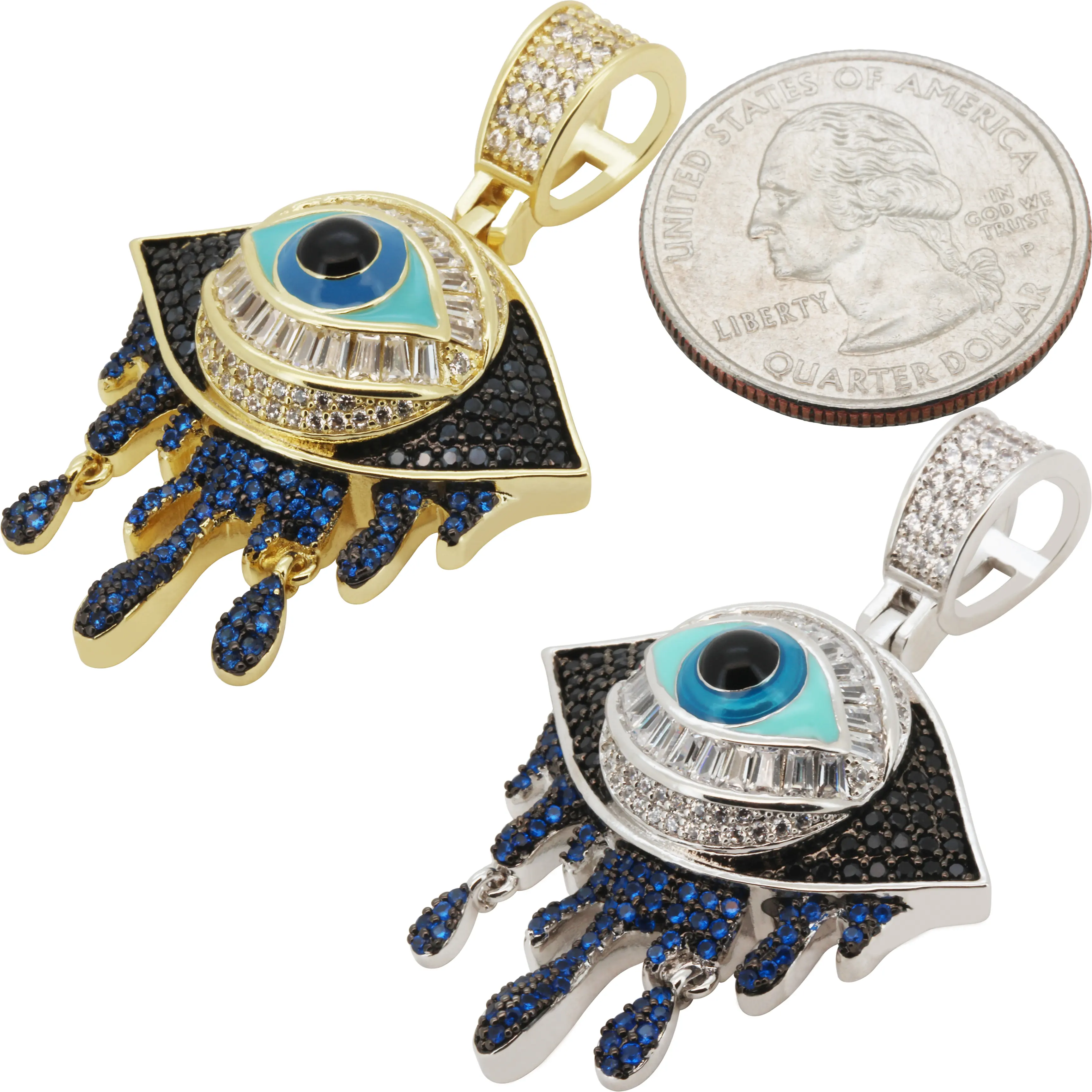 14k Yellow/White Gold Plated AAA Cubic Zirconia Evil Eye Pendant