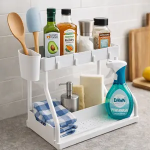Adjustable 2 Tier Under Sink Storage Rack, Space Saving Cabinet Organizer with Open Layered Design and Drainage Shelves, Moisture Resistant PP Plastic and Metal Frame for Kitchen Sink, Laundry Room, Cleaning Supplies and Bottles,Mother’s Day Gift for Mom
