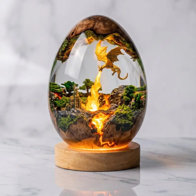 Handmade Dragon Egg Resin Lamp, Fire-Breathing Dragon and Castle Diorama, Fantasy Table Light with Wooden Base, Unique Medieval Home Decor, Gift for Dragon Lovers & Collectors