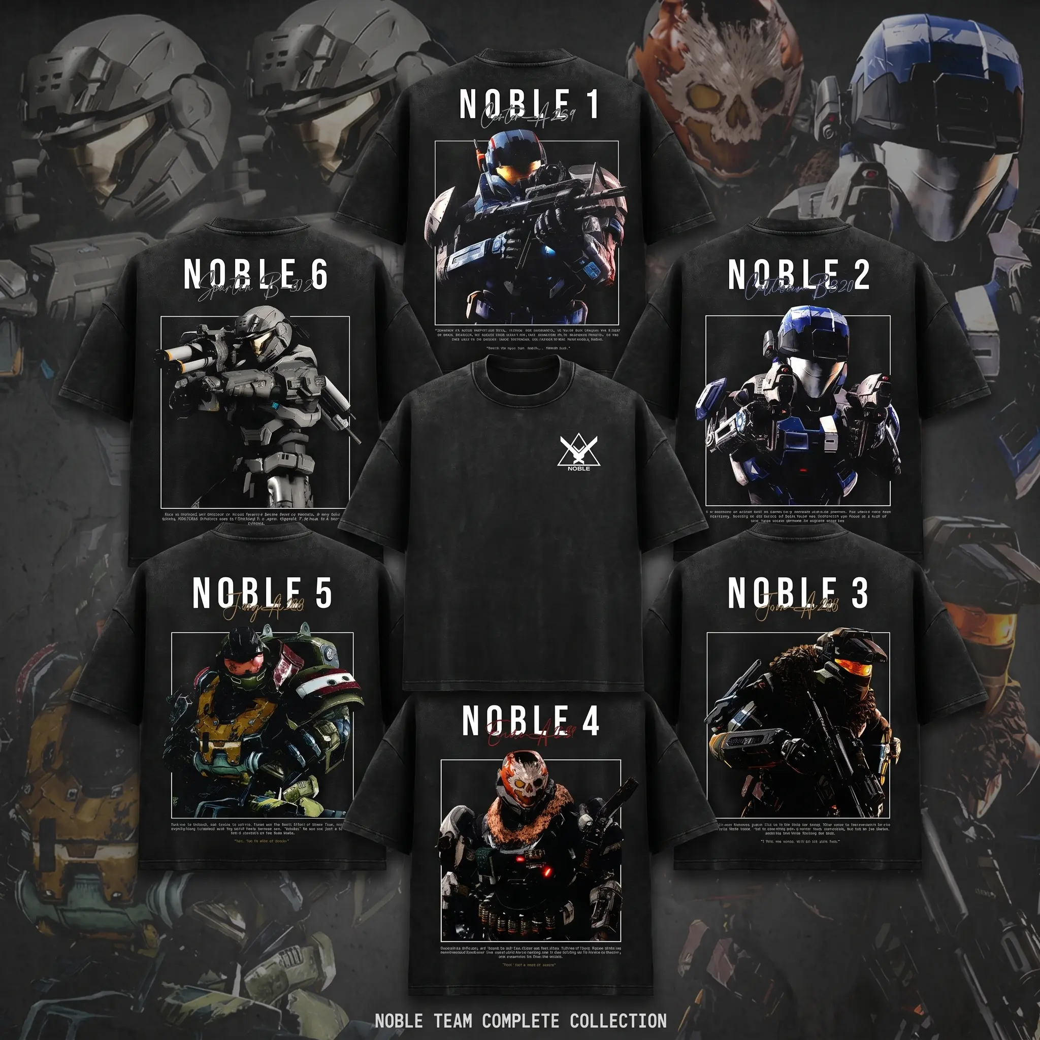 Halo Reach Noble Team Complete Collection T-Shirt, Spartan Carter 1 Kat 2 Jun 3 Emile 4 Jorge 5 B312 6 Graphic Tee, Vintage Black Wash Heavyweight Cotton, Oversized Drop Shoulder Streetwear, Sci-Fi Video Gaming Fan Apparel