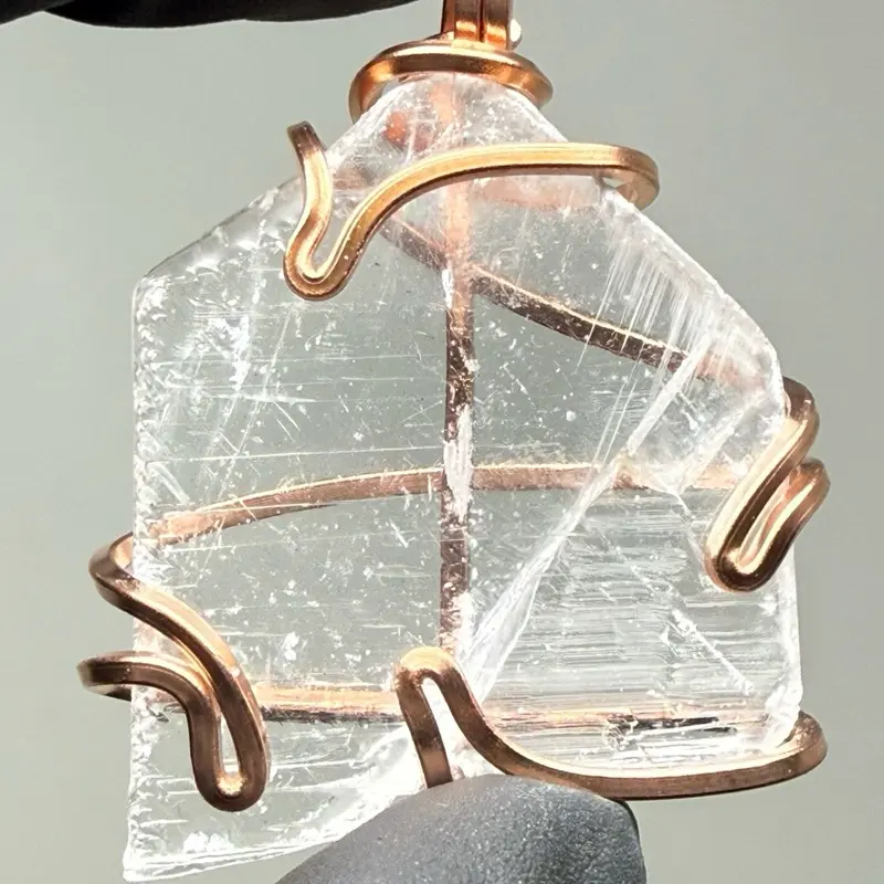 XL Large Window Selenite Deluxe Copper PENDANT Artisan Crafted Unique Design Gift Anniversary Engagement Auspicious Daily Birthday