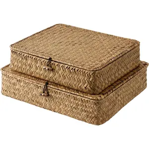 Wicker basket with lid, flat wicker storage box, decorative storage box with lid, seagrass woven storage basket, woven basket for shelving: home and kitchen