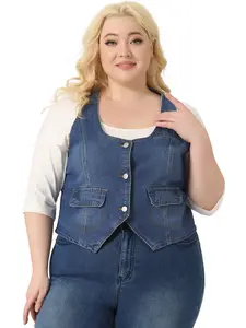 Agnes Orinda Plus Size Sleeveless Buttons Jean Denim Vest