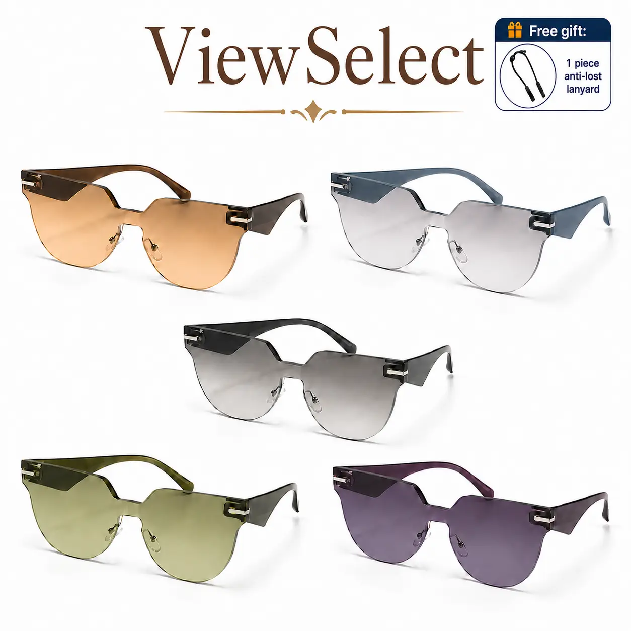 Rimless UV400 Sunglasses for Women Men, Lightweight Fashion Shield Shades, Curved Wraparound Outdoor Sun Glasses with Metal Arms and Adjustable Nose Pads