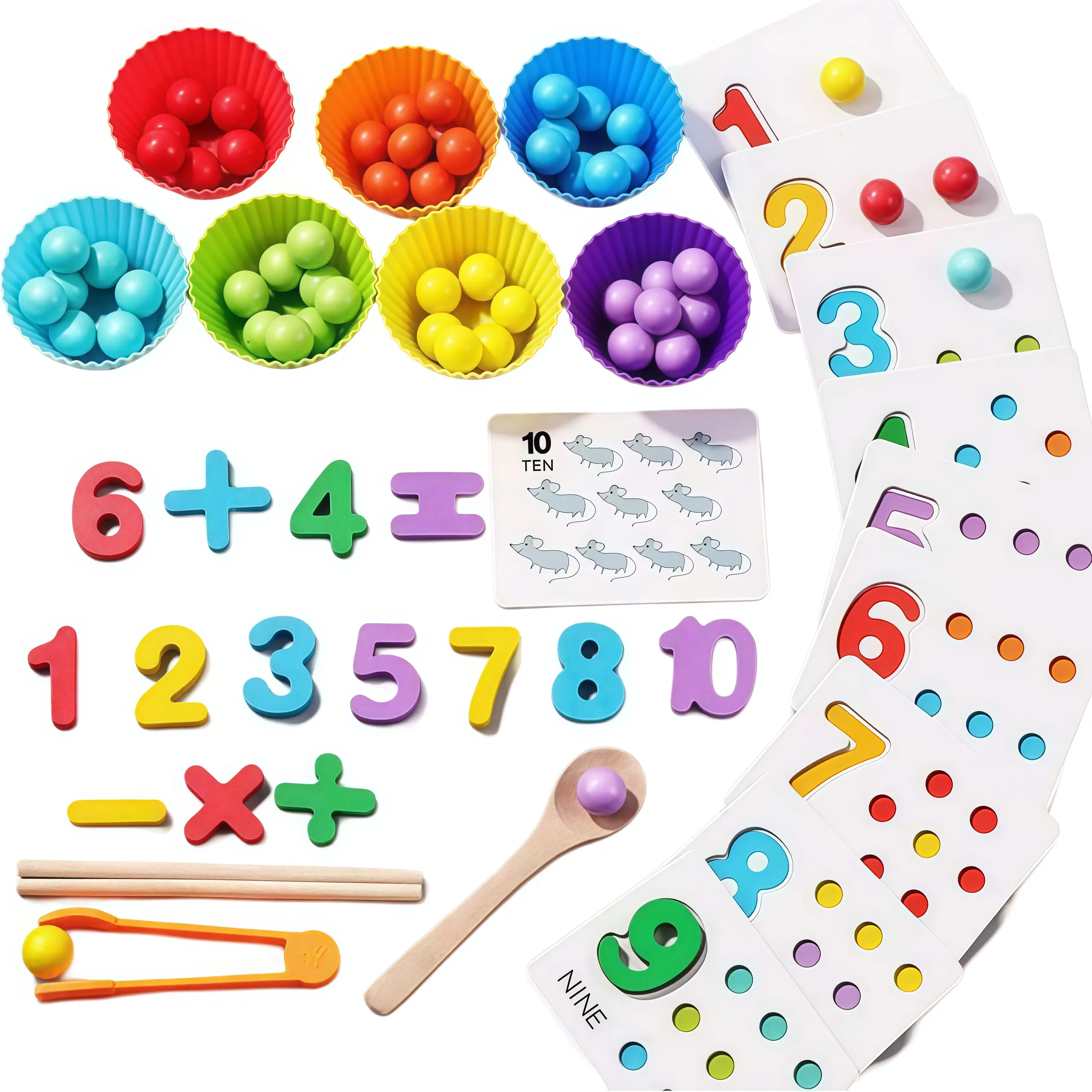 Wooden Montessori STEM Learning Math Toy Set - Back to School Teaching Aid with Beads, Sorting Cups, Number Counting Blocks, Spoons, Clips, Chopsticks for Toddler Fine Motor Skill, Color Recognition Preschool Activity