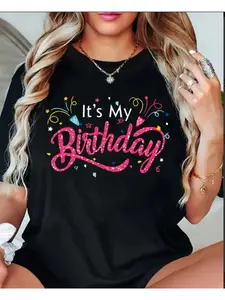 Cotton [Festive Birthday T-Shirt] Plus Size Women's Casual "It's My Birthday" Print T-Shirt | Loose Fit, Short Sleeve, Round Neck, Lightweight Fabric, Festive Balloons & Confetti Design, Comfortable All-Season Top