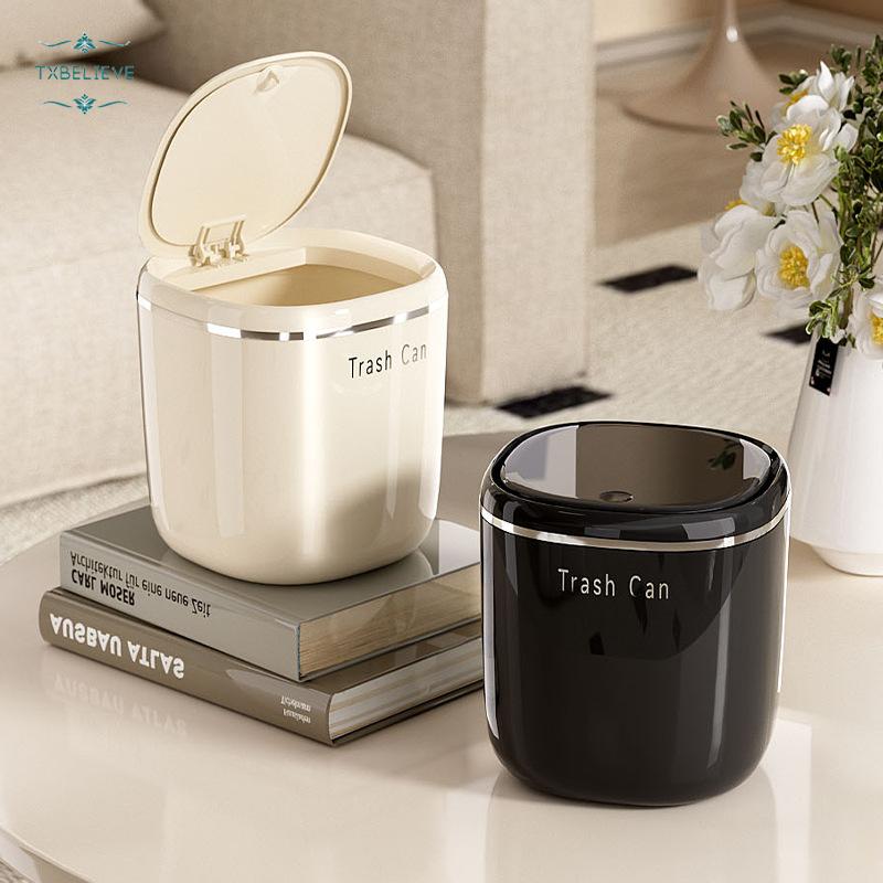 Small Cream/Black Flipping Lid Trash Can for Desk Organization in Dorm and with Space Saving