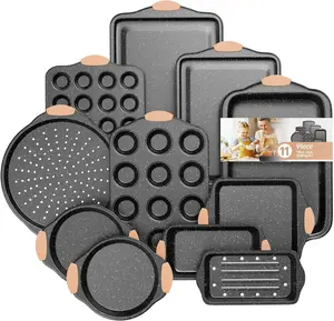 11-Piece Nonstick Bakeware Set with Silicone Handles, Oven-Safe Baking Kit Including Cookie Sheet, Cake Mold, Loaf Tray, Pizza Pan, Muffin Tin