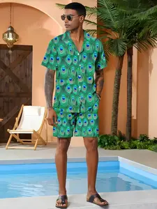 Men's Two-Piece Set - 3D Peacock Feather Printed Collared Blouse, Casual Loose-Fitting Top, All over Print, Regular Length, Spring & Fall