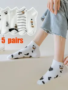 5 Pairs Women's Bear Cow Print Ankle Socks | Cute Low Cut Socks for Daily Wear & Sneaker Outfits
