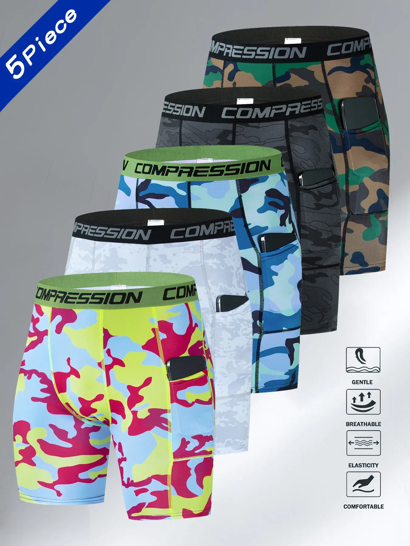 Men's Sporty Compression Shorts Set, Camo Pattern Gym Training Pants, Breathable & Comfortable Fitness Wear, 5 Pieces Pack, Breathable Printed Shorts, Sports Yoga Shorts, Summer Sports Shorts, Athletic Sports Shorts