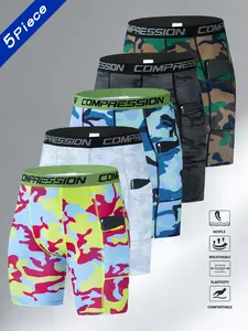 Men's Sporty Compression Shorts Set, Camo Pattern Gym Training Pants, Breathable & Comfortable Fitness Wear, 5 Pieces Pack, Breathable Printed Shorts, Sports Yoga Shorts