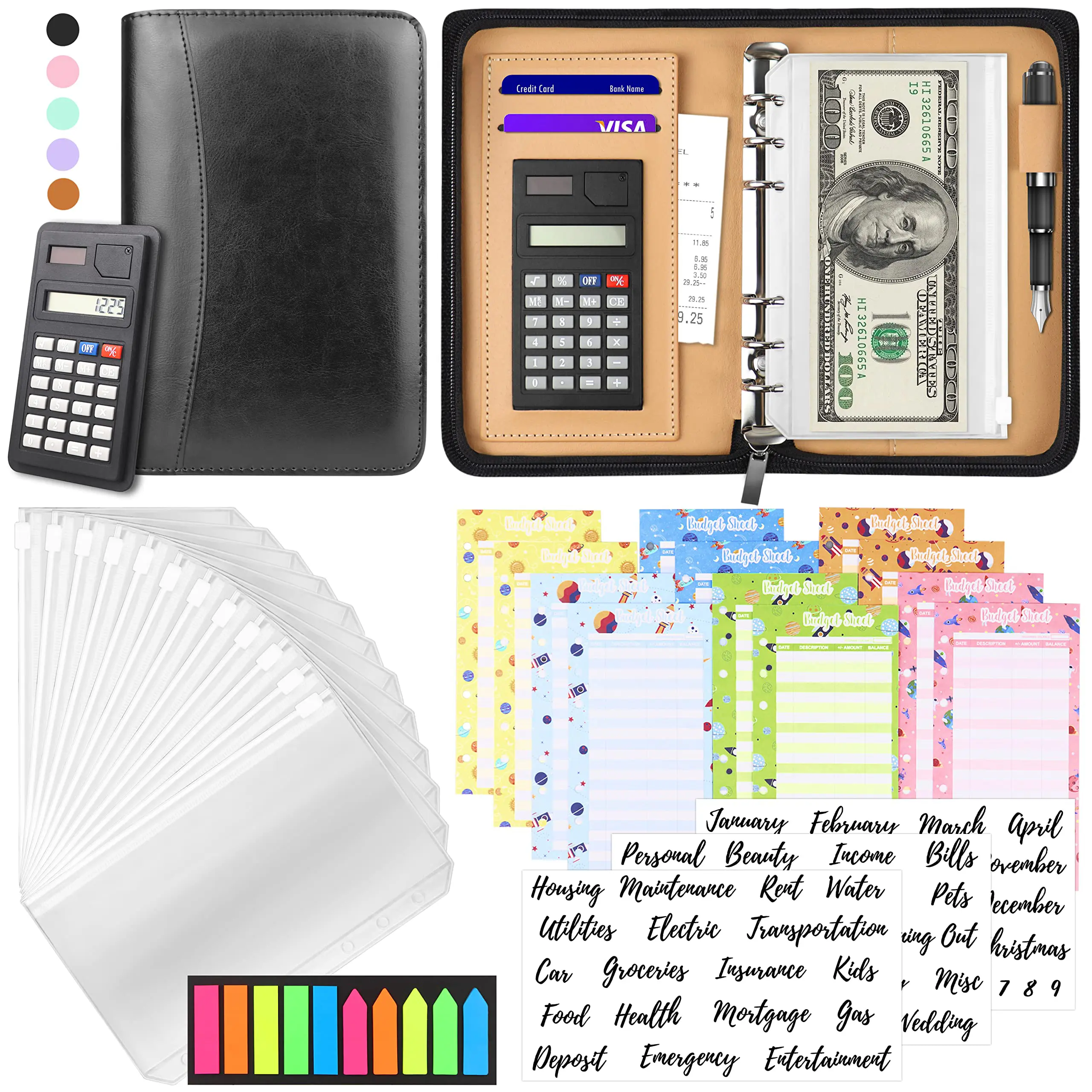 Budget Binder with Zipper Envelopes, Cash Envelopes for Budgeting, A6 PU Leather Budget Planner 2024 with Cash Envelopes Calculator, Bill Money Organizer for Cash Saving Budget System Wallet