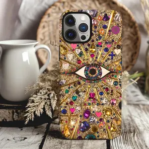 Bling Glam Mosaic Phone Case, Collage phone case Gold Purple Gems Rhinestones Evil Eye for iPhone 16 15 14 13 12 11