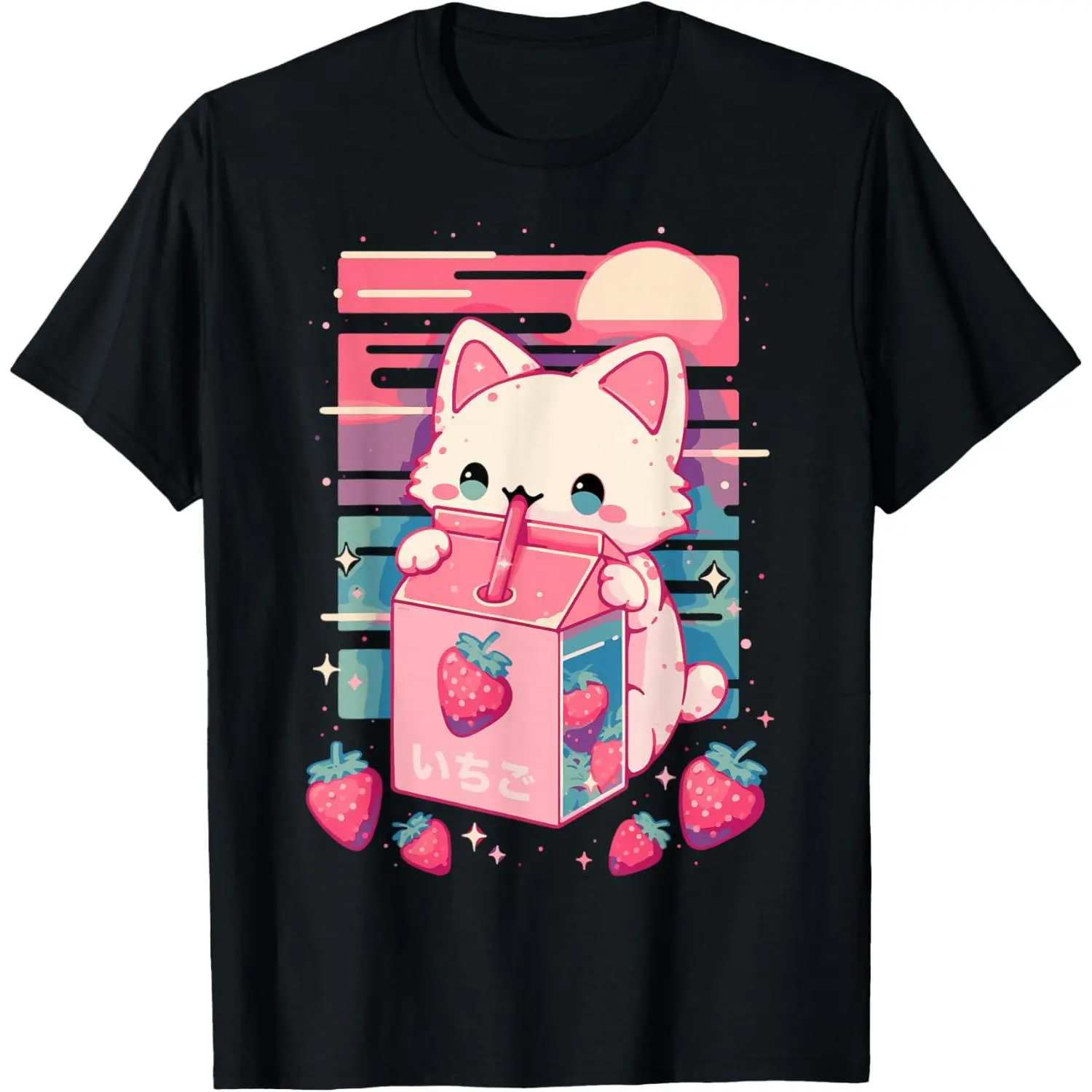 Men's Casual Cotton Breathable 90s Japanese Anime Strawberry Milk Cat Graphic T-Shirt - Short-Sleeve Tops for Club Streetwear
