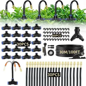 100ft 1/4-Inch Drip Irrigation Kit with 30 Adjustable Copper Nozzles, Automatic Atomizing Watering Sprinkler System for Garden, Raised Beds, Lawn, Greenhouse & Patio, Durable Garden Hose