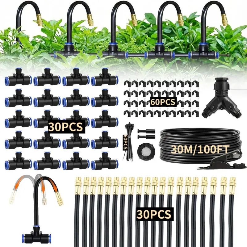 100ft 1/4-Inch Drip Irrigation Kit with 30 Adjustable Copper Spray Nozzles, Automatic Atomizing Watering Sprinkler System for Garden, Raised Beds, Lawn, Greenhouse & Patio