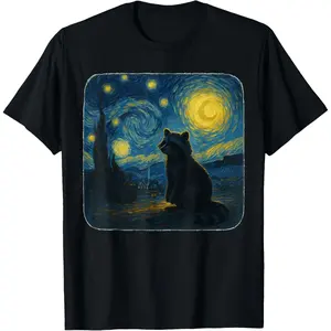 Starry Night Night - Monet-style retro raccoon pattern fun T-shirt - Men's and Women's Summer Short-Sleeved Cotton Top - Suitable for teenagers, hip-hop and streetwear for music lovers
