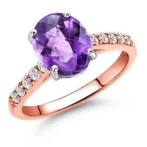 Gem Stone King 10K Two Tone Gold Gemstone Birthstone and White Lab Grown Diamond Accent Engagement Ring for Women | Oval 9X7MM and Round 1.7MM | Wedding Anniversary Promise Ring | Sizes 5, 6, 7, 8, 9